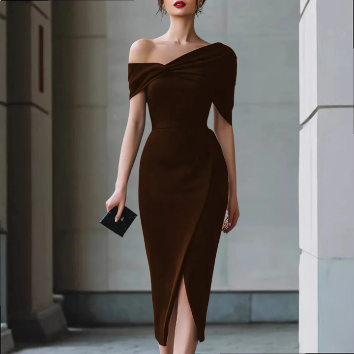 Elara Draped Shoulder Midi Dress