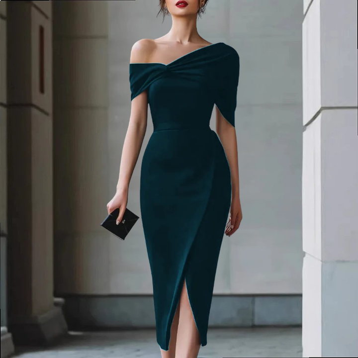 Elara Draped Shoulder Midi Dress