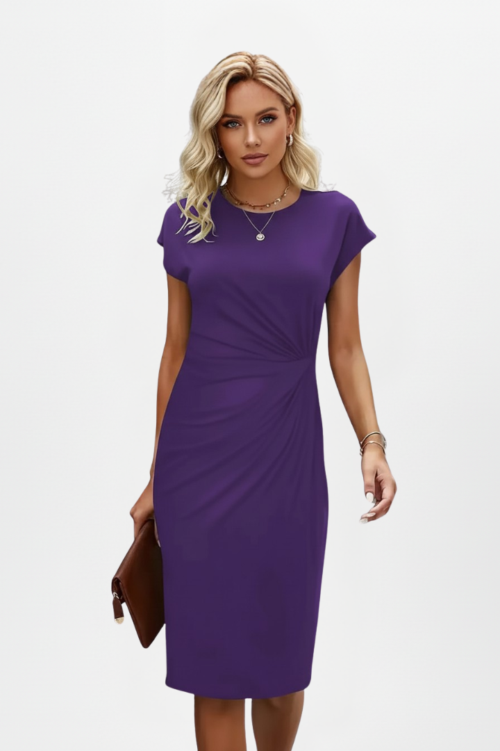Claire Knee-Length Dress with Round Neck and Ruched Waist