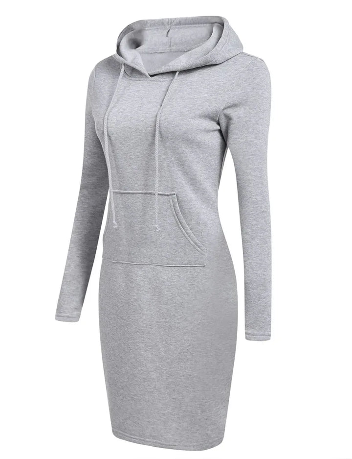 Gray hooded sweatshirt dress side angle view