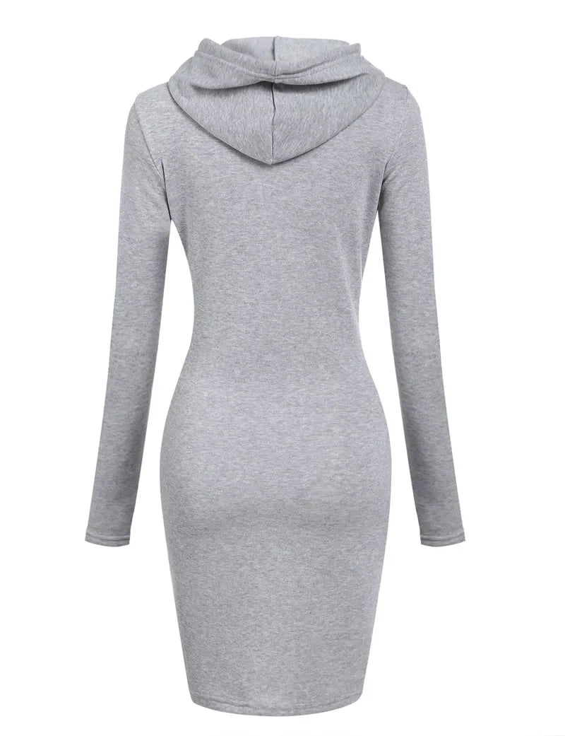 Gray hooded sweatshirt dress back view