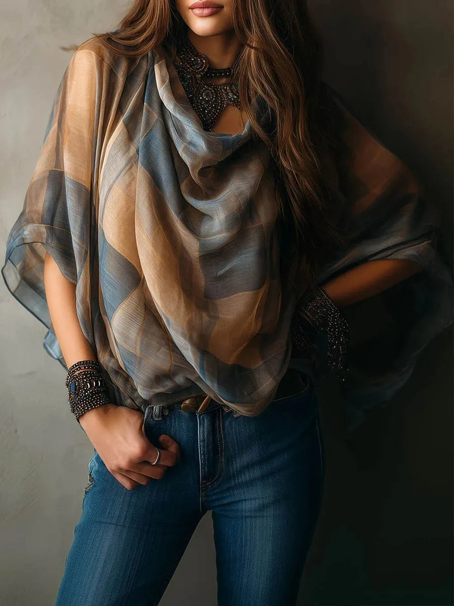 Brielle Draped Plaid Chiffon Blouse
