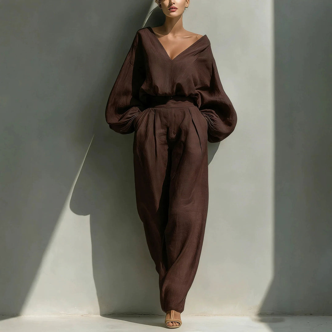 Genevieve Casual Deep V Neck Linen Pants Set