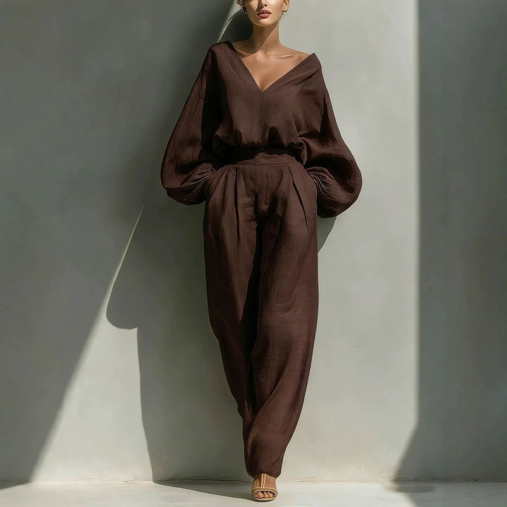 Genevieve Casual Deep V Neck Linen Pants Set