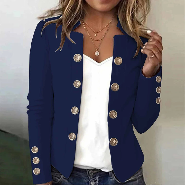 Navy blazer with gold button detail worn open