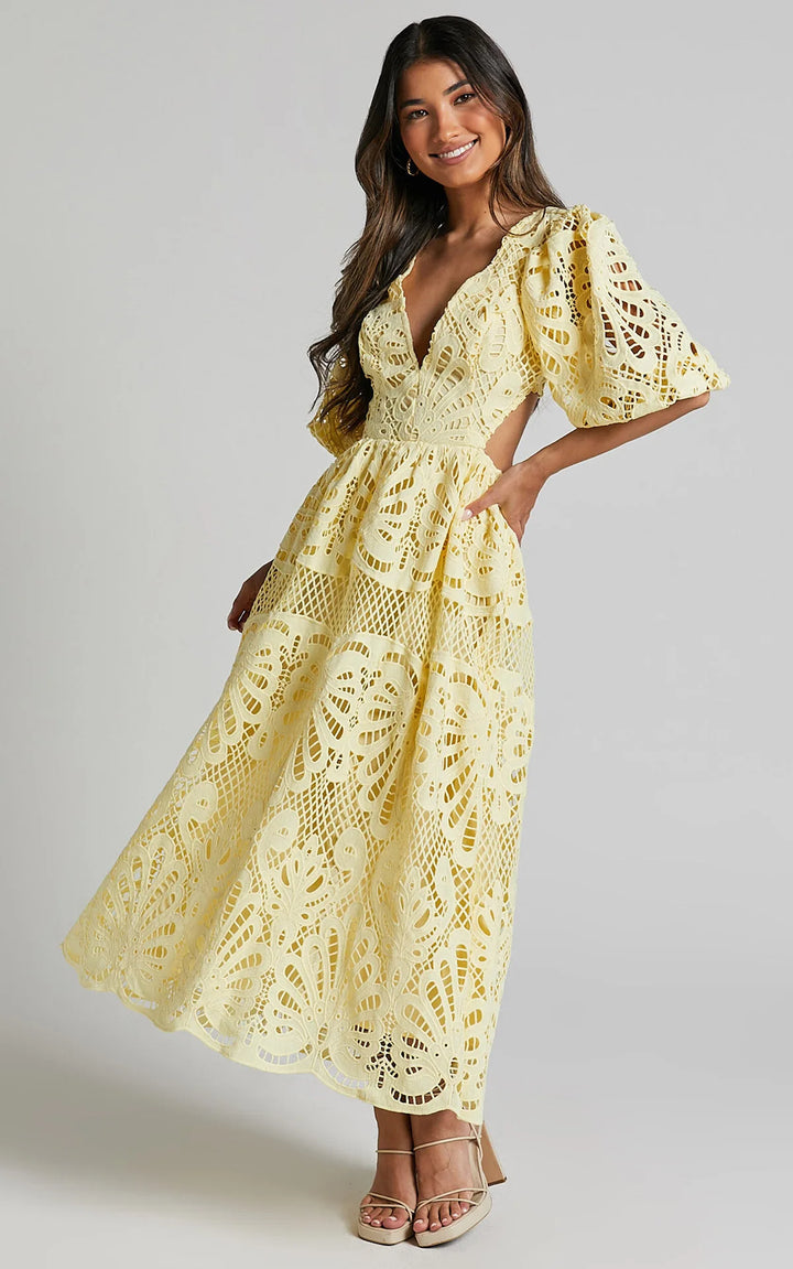 Vera Puff Sleeve Embroidered Lace Midi Dress