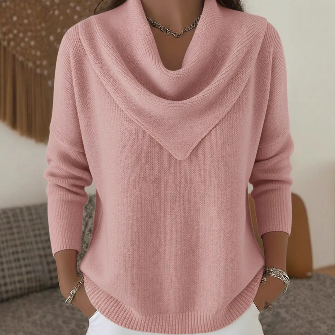 Woman wearing pink cowl neck ribbed knit sweater