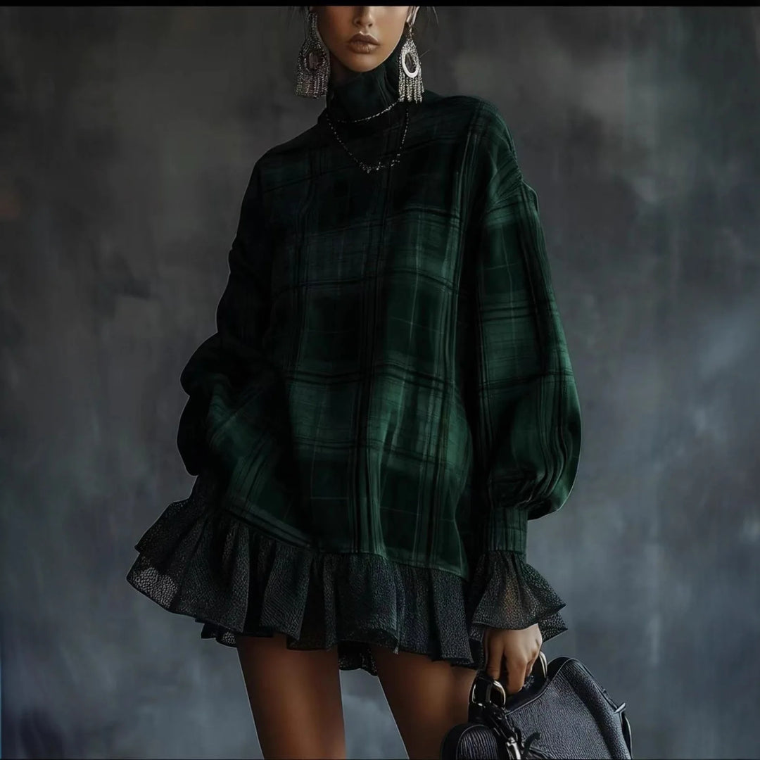 Woman wearing green plaid mini dress with turtleneck and lantern sleeves, front view