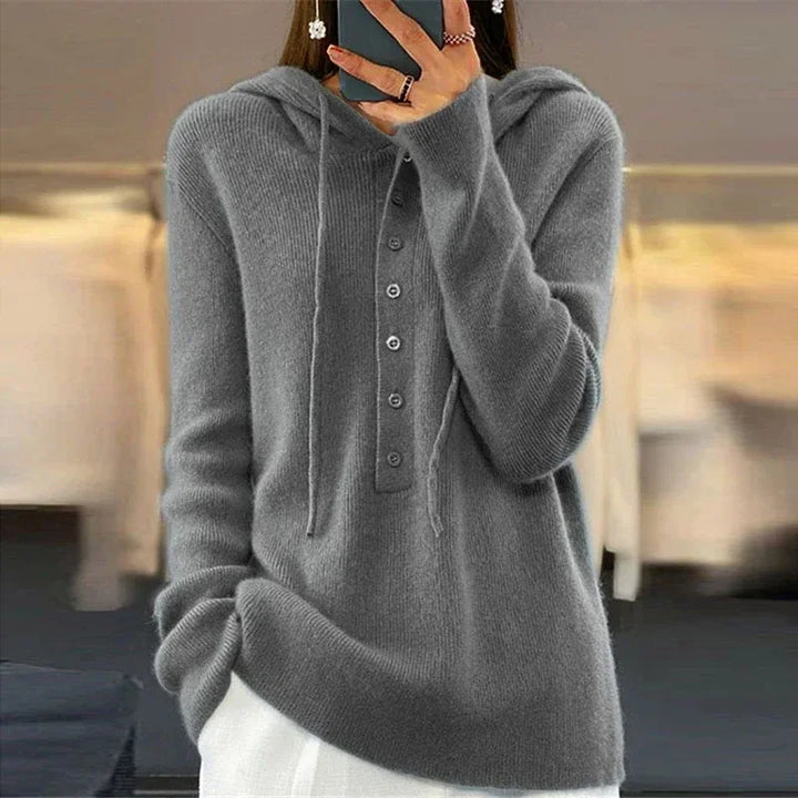 Gray hooded button front sweater, front view