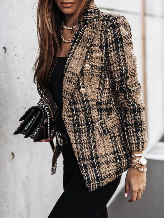 Camel plaid blazer with flap pocket detail
