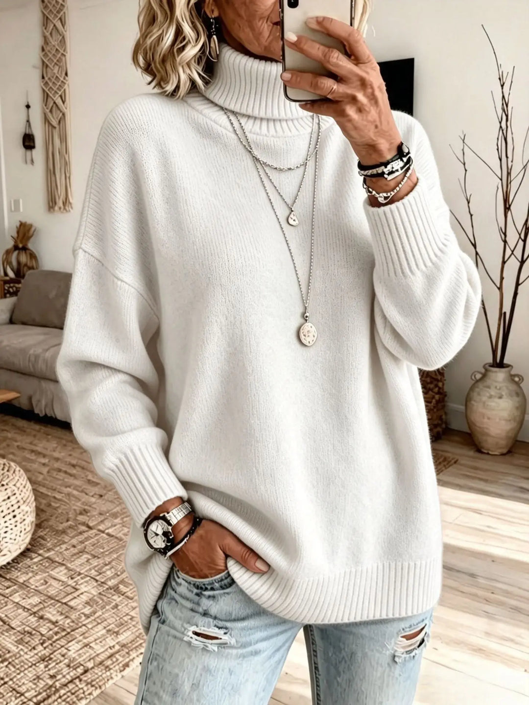Woman wearing white oversized turtleneck sweater