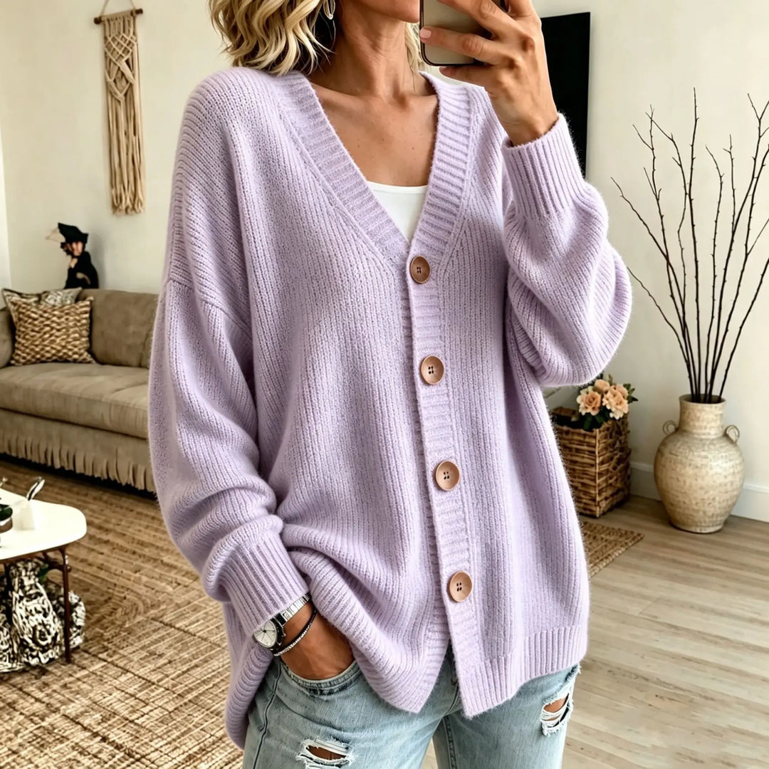 Lavender purple oversized button-front V-neck cardigan sweater