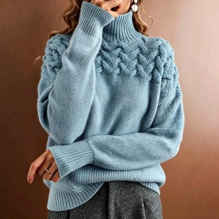 Sky blue cable knit turtleneck sweater, front view