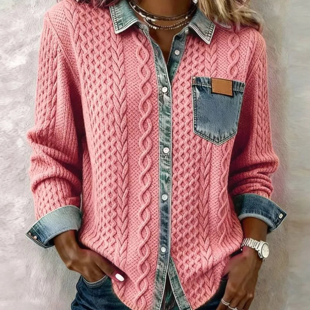 Pink cable knit shirt jacket with denim contrast collar and pocket