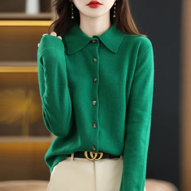 Emerald green polo collar knit cardigan, front view