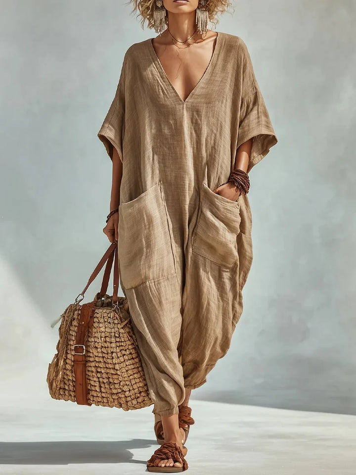 Serena V Neck Linen Blend Pocket Romper
