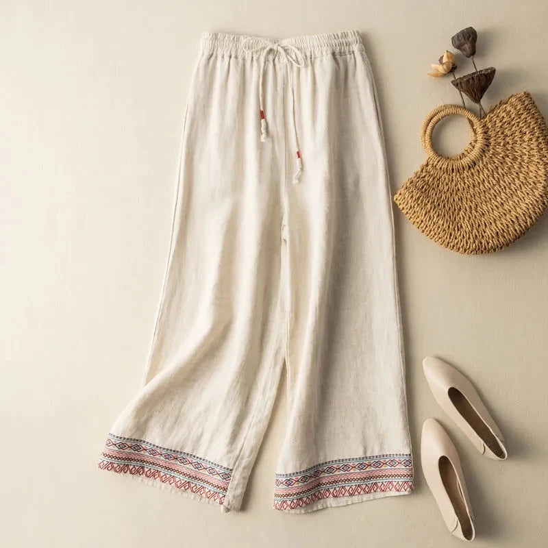 Zara Embroidered Wide Leg Linen Pants
