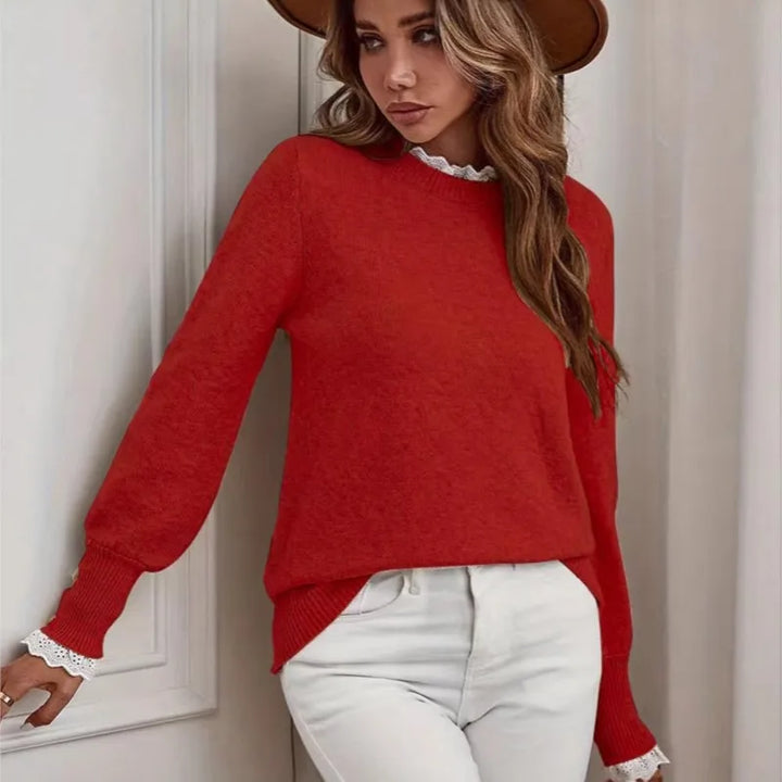 Woman in red lace-trim knit pullover sweater with hat