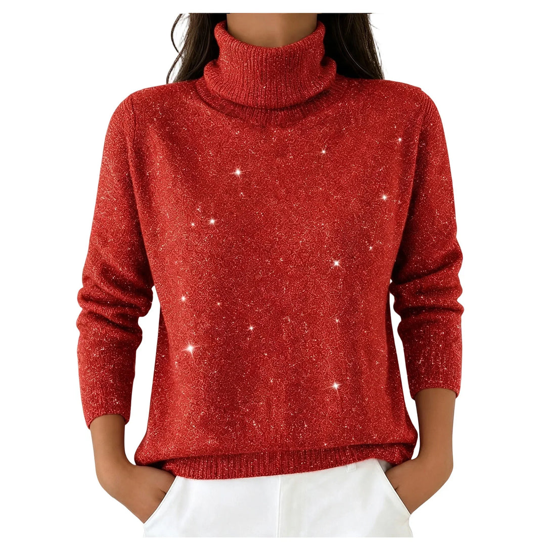 Woman wearing wine red sparkle knit turtleneck sweater