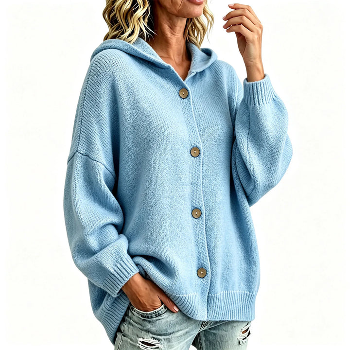 Sky blue hooded button front cardigan on model against plain background