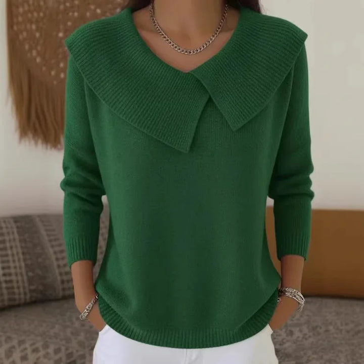Green sweater with oversized draped collar, front view
