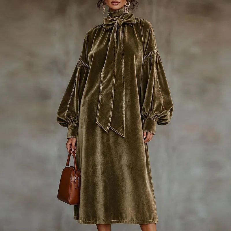 Woman wearing khaki velvet maxi dress with bow tie neckline