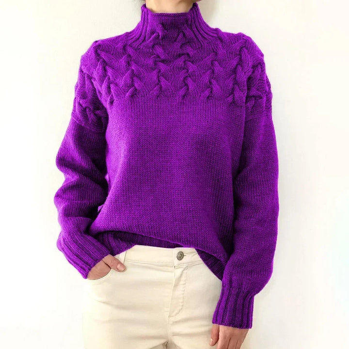 Purple cable knit turtleneck sweater on model, front view