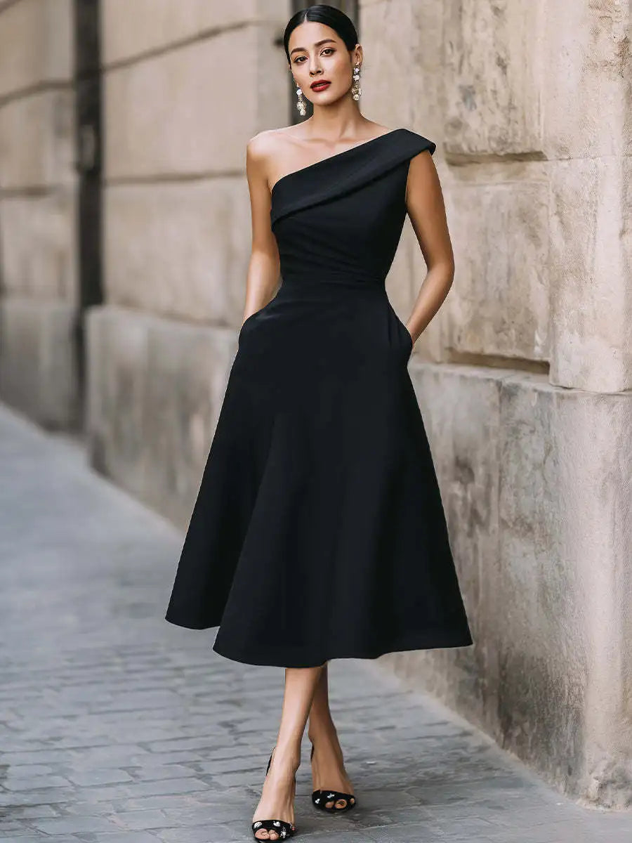 Eileen Elegant One Shoulder Midi Dress