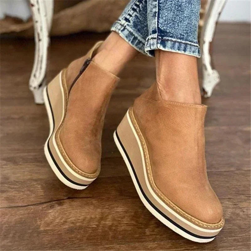 Tan leather platform wedge ankle boots side view