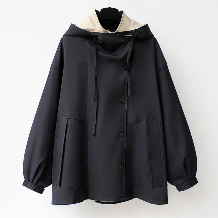 Black jacket with drawstring hood and button placket