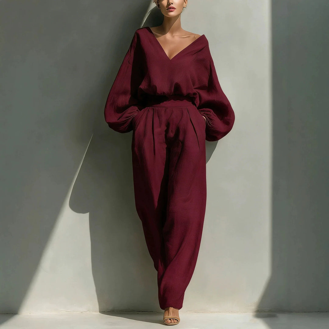 Genevieve Casual Deep V Neck Linen Pants Set