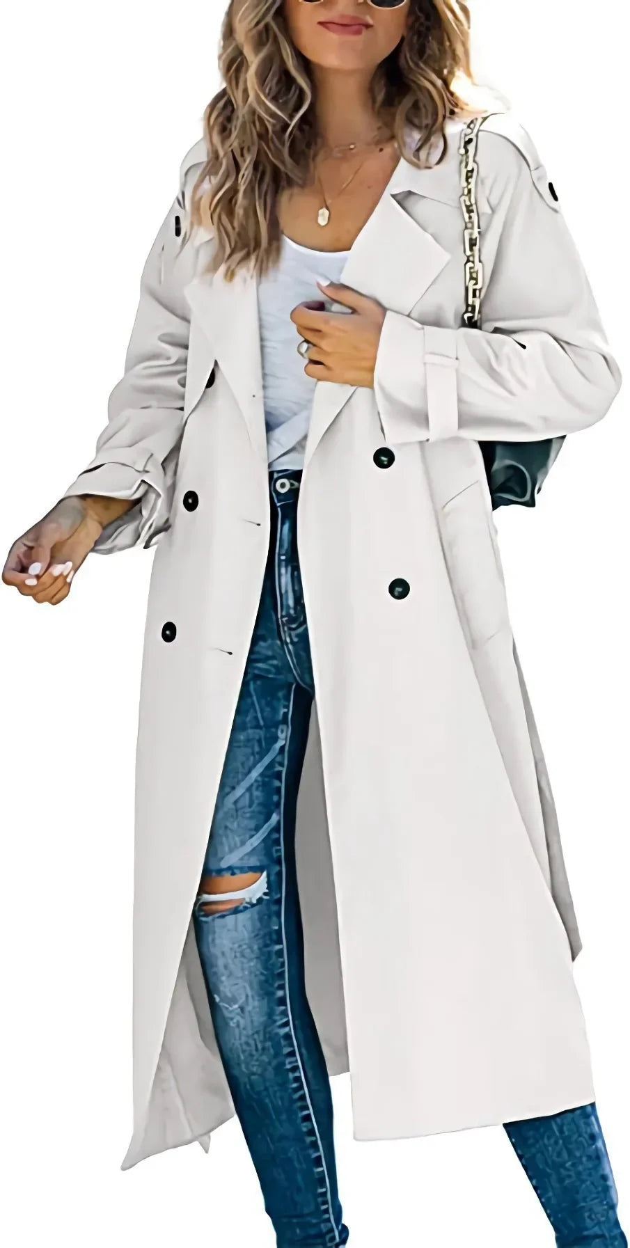 Woman wearing white oversized double breasted trench coat