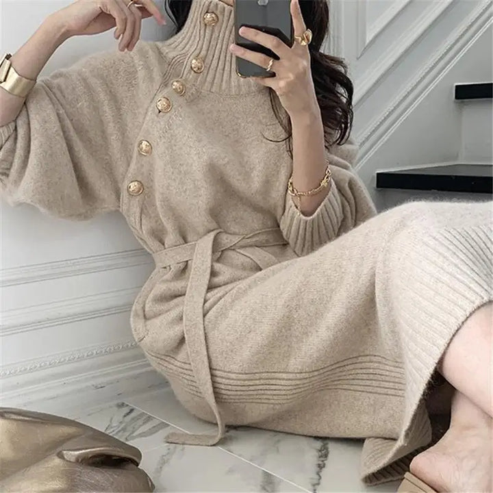 Beige sweater dress with belt tie and ribbed cuffs detail