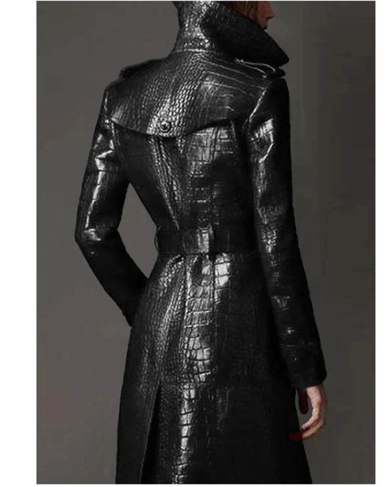 Black crocodile print leather trench coat, back view
