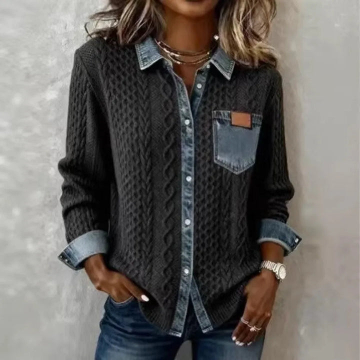 Black cable knit shirt jacket with denim contrast collar