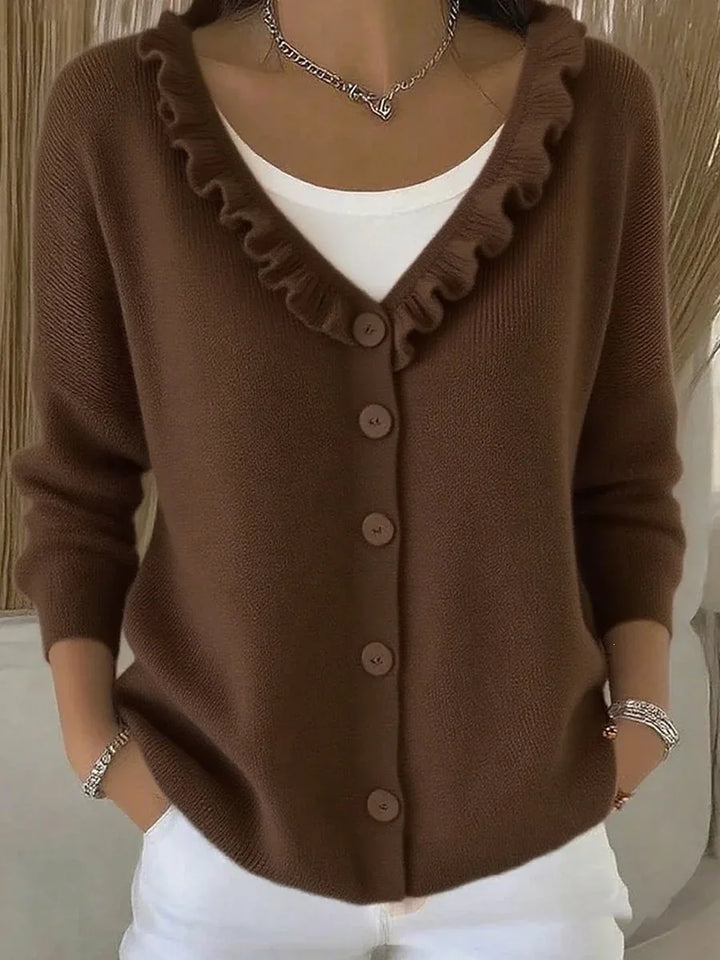Dark brown ruffle V-neck button front cardigan close up