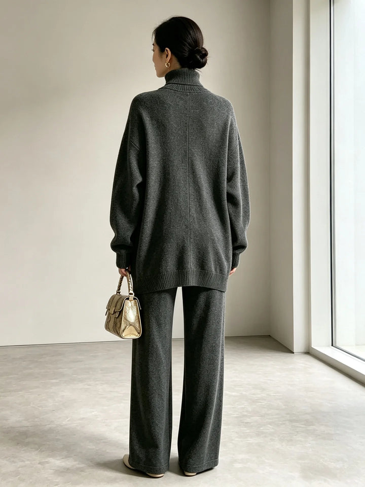 Dark grey sweater and wide leg pants set, back view