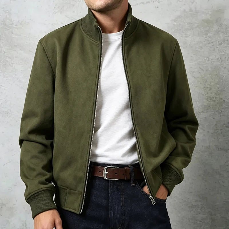 Man wearing green suede bomber jacket with stand collar