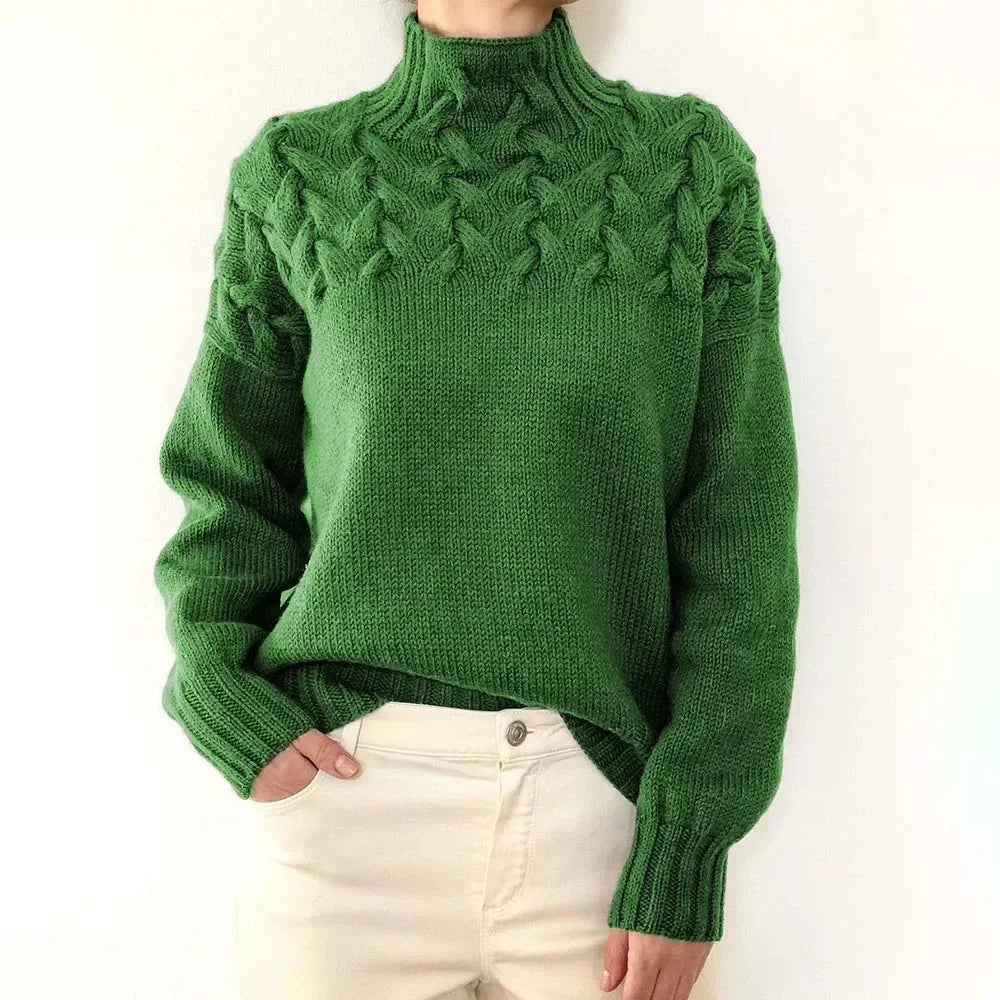 Green cable knit turtleneck sweater, front view