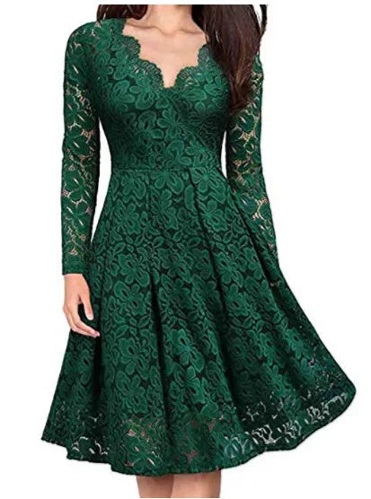 Wynne Lace Long Sleeve V Neck Midi Dress