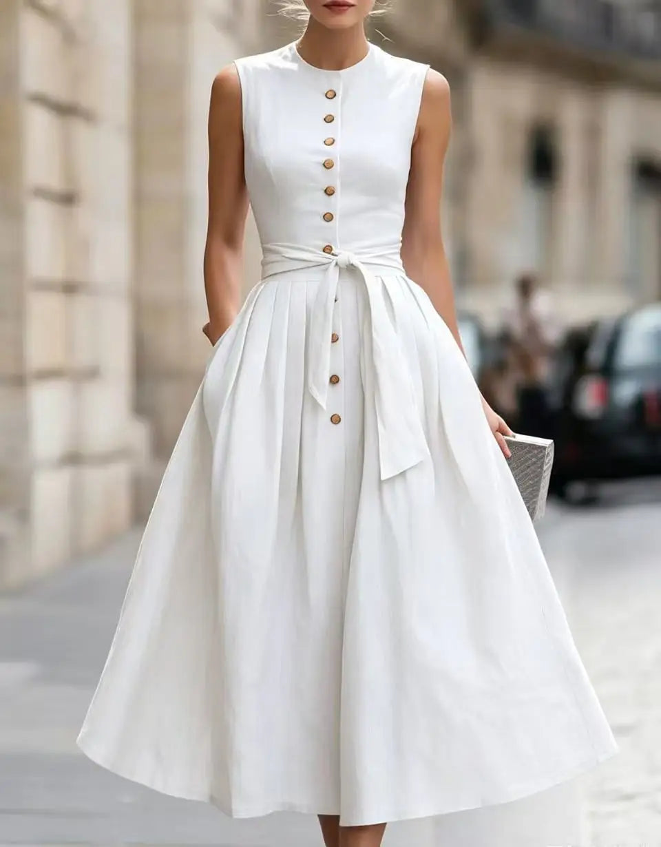 Harper Elegant Tie Waist Linen Midi Dress