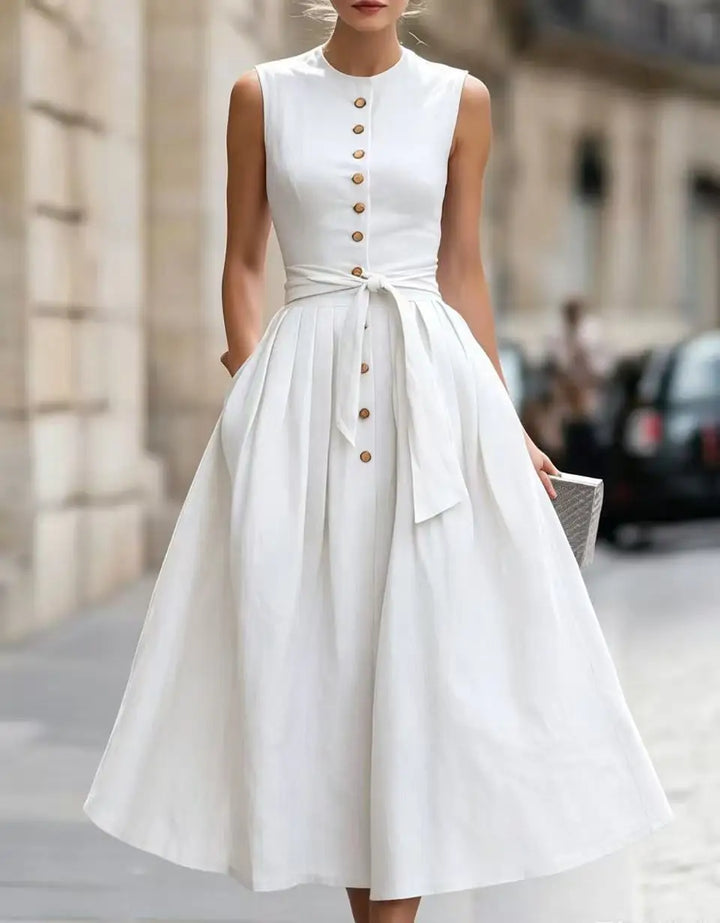 Harper Elegant Tie Waist Linen Midi Dress