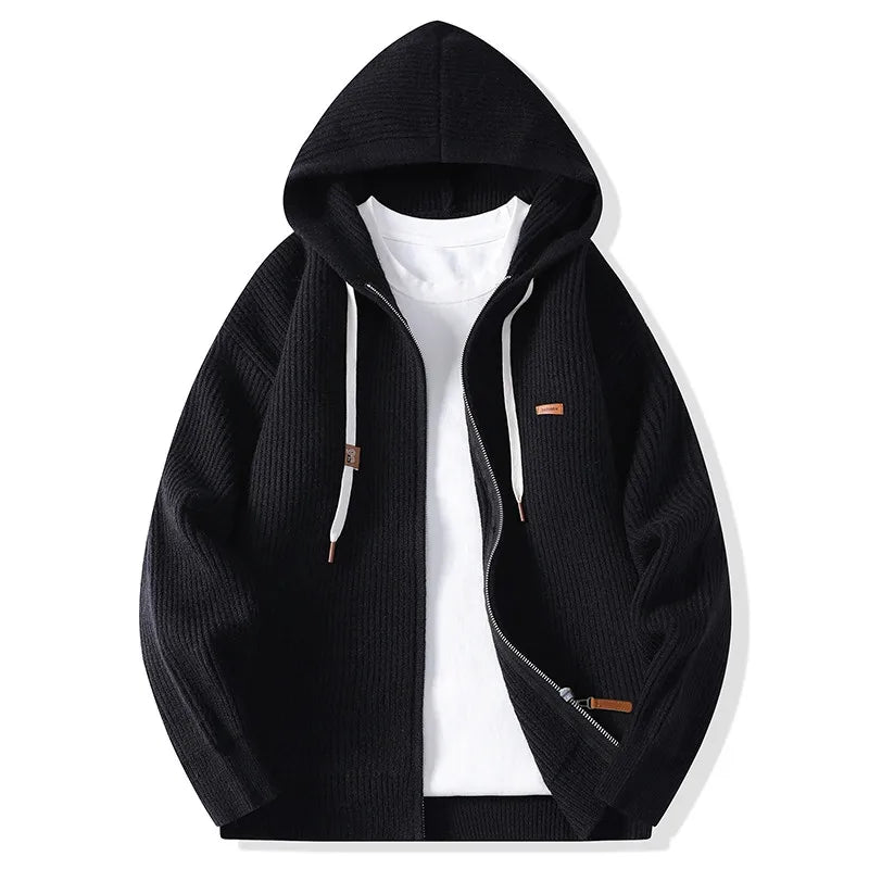 Black ribbed knit hooded cardigan with front zip