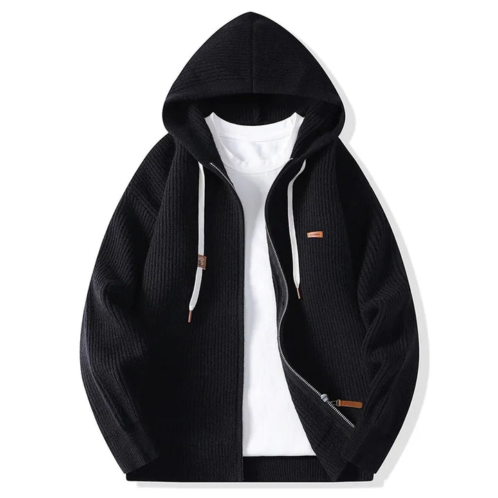 Black ribbed knit hooded cardigan with front zip