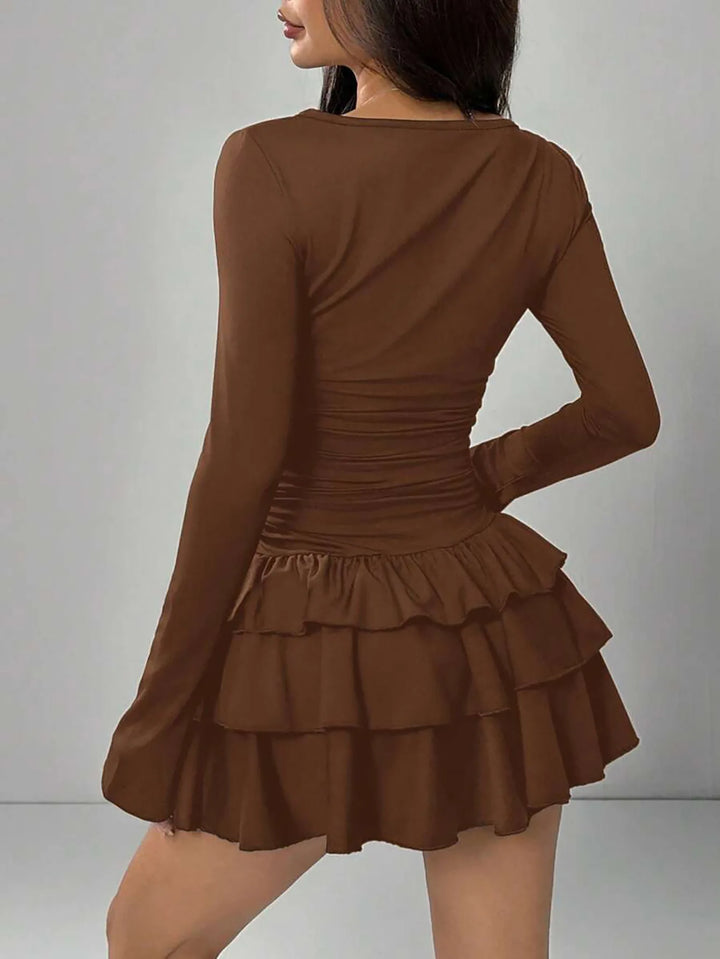 Coffee brown tiered ruffle mini dress, back view