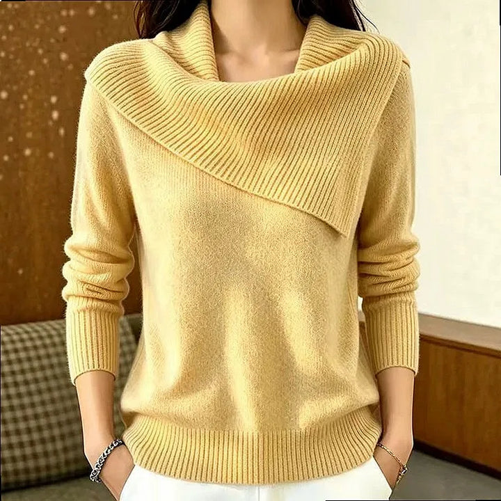 Lemon yellow sweater with asymmetric foldover ribbed collar, front view
