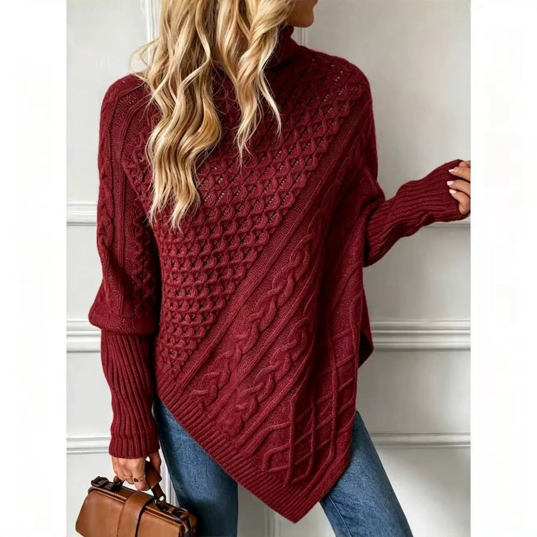 Wine cable knit poncho sweater, back view