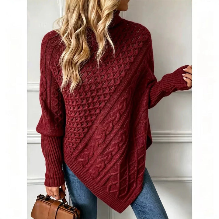 Wine cable knit poncho sweater, back view