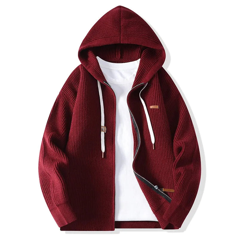Burgundy ribbed knit hooded cardigan with front zip