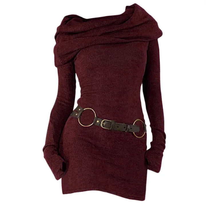Deep red cowl neck sweater dress with belt, front view
